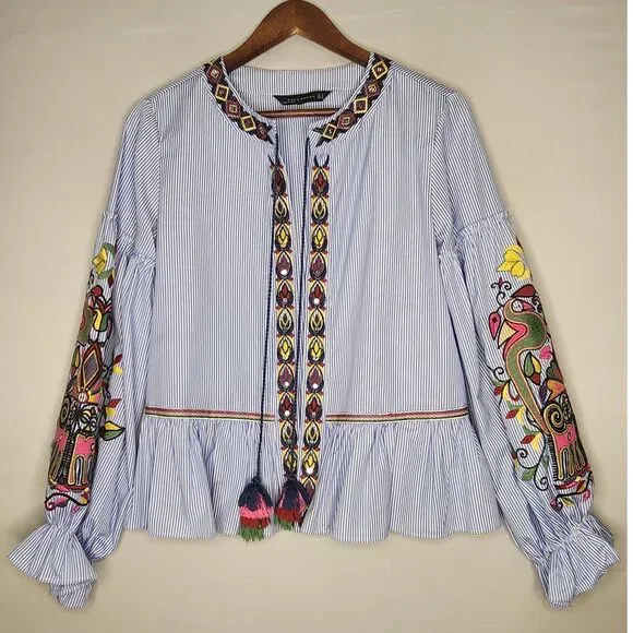 Zara Sequin Embroidered Striped‎ Jacket Blouse Kimono Small Open Front Cardigan - Picture 2 of 8